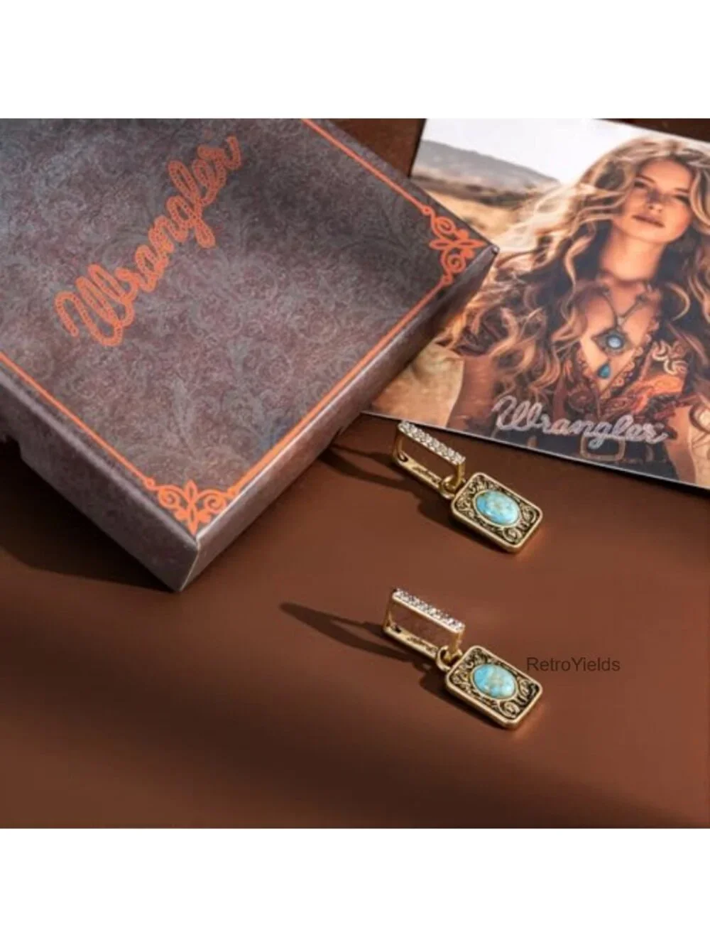 Western Square Drop Hoop Earrings for Women 14k Gold Plated Turquoise Cowgirl